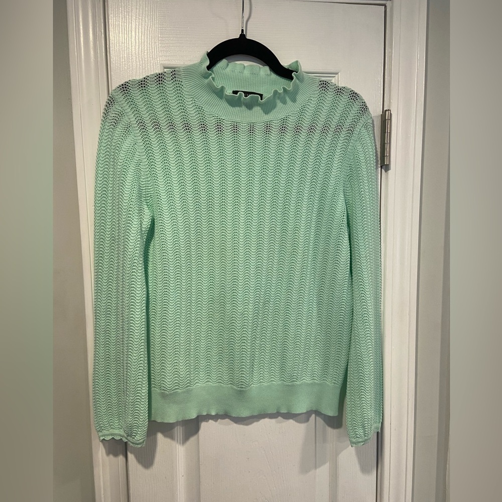 J. Crew Size S Pointelle Ruffle Mock Neck Cotton Lightweight Long Sleeve Sweater